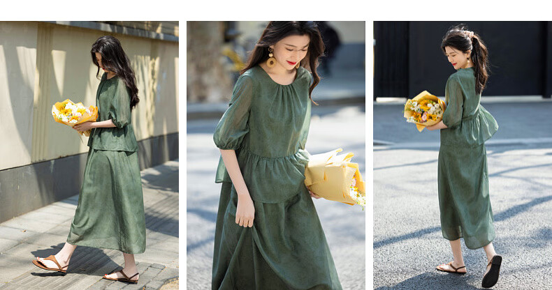 Demana [Bamboo Breeze] Summer Faux Two-Piece Ruffle Vintage Print Slimming Lightweight Flowing Women's Dress 6