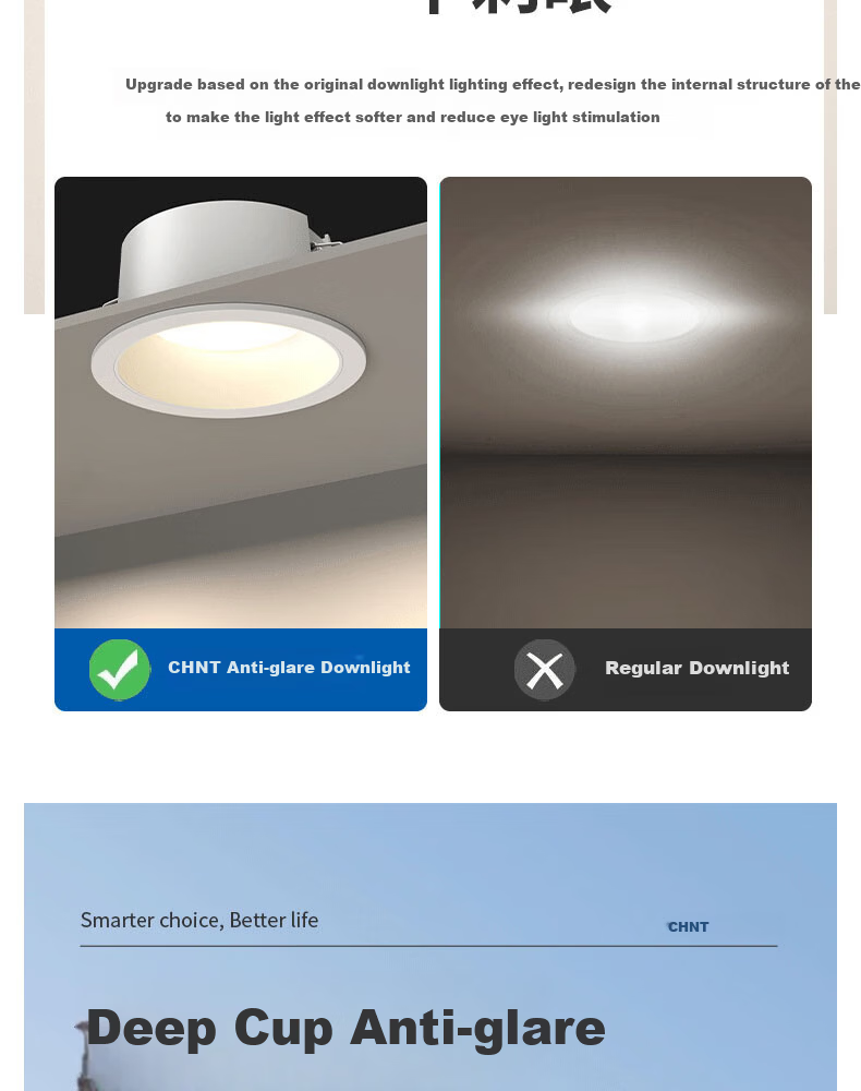 CHNT Ultra-thin LED Downlight Anti-glare Recessed Non-main Light Office Hole Light 90 CRI 12W 4000K Neutral Light 9.5cm Cutout 6