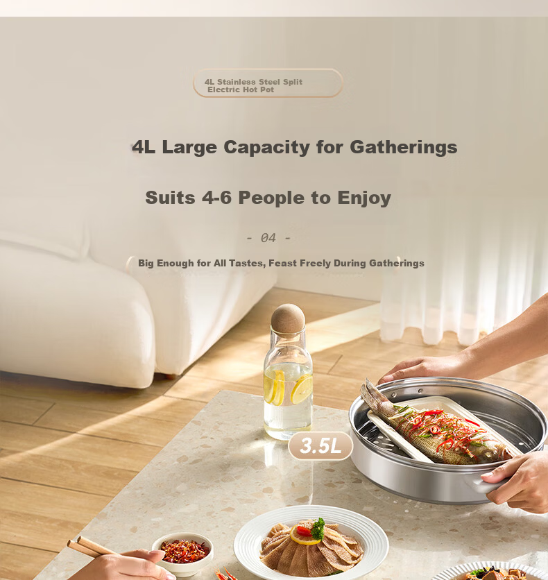 Bear 0-Coating Electric Hot Pot, Non-Stick Detachable Multi-Functional Stainless Steel Electric Cooker, 4L, Suitable for 4-6 People, Model 40S1 8