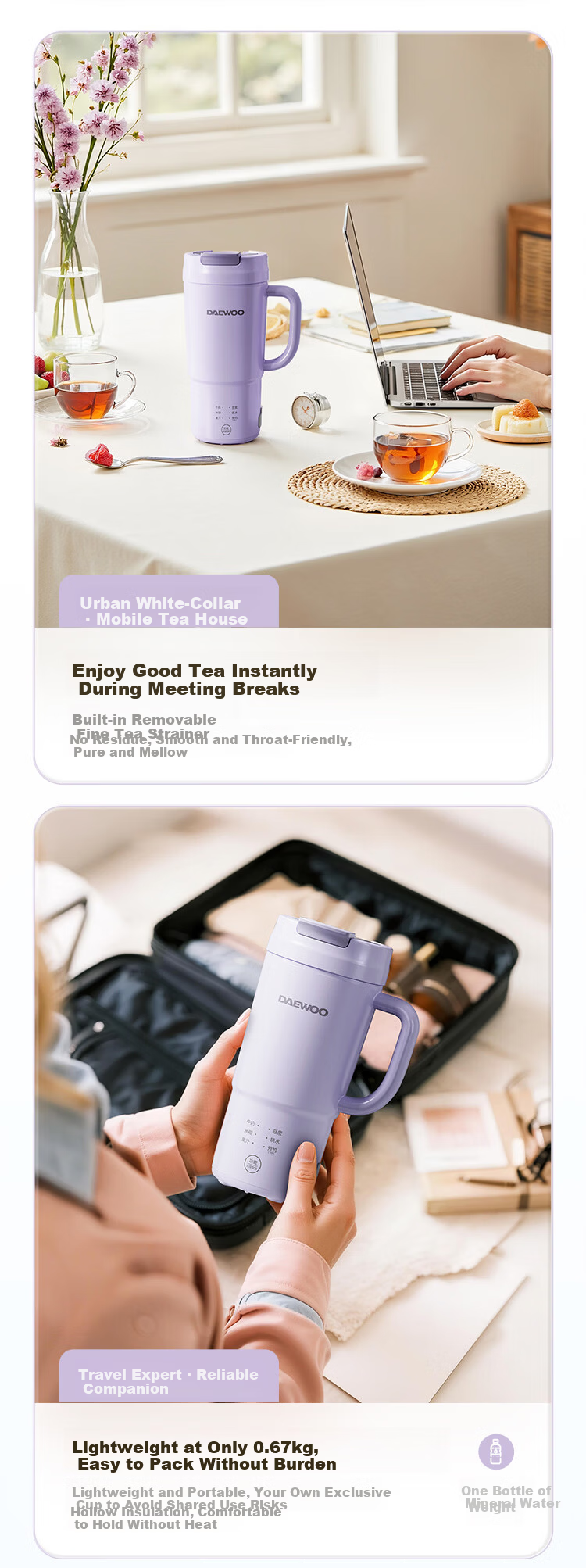DAEWOO Mini Soy Milk Maker for 1-2 People Fully Automatic No-Cook No-Filter Household Blender Portable Electric Kettle Juicer SM25 Purple 7