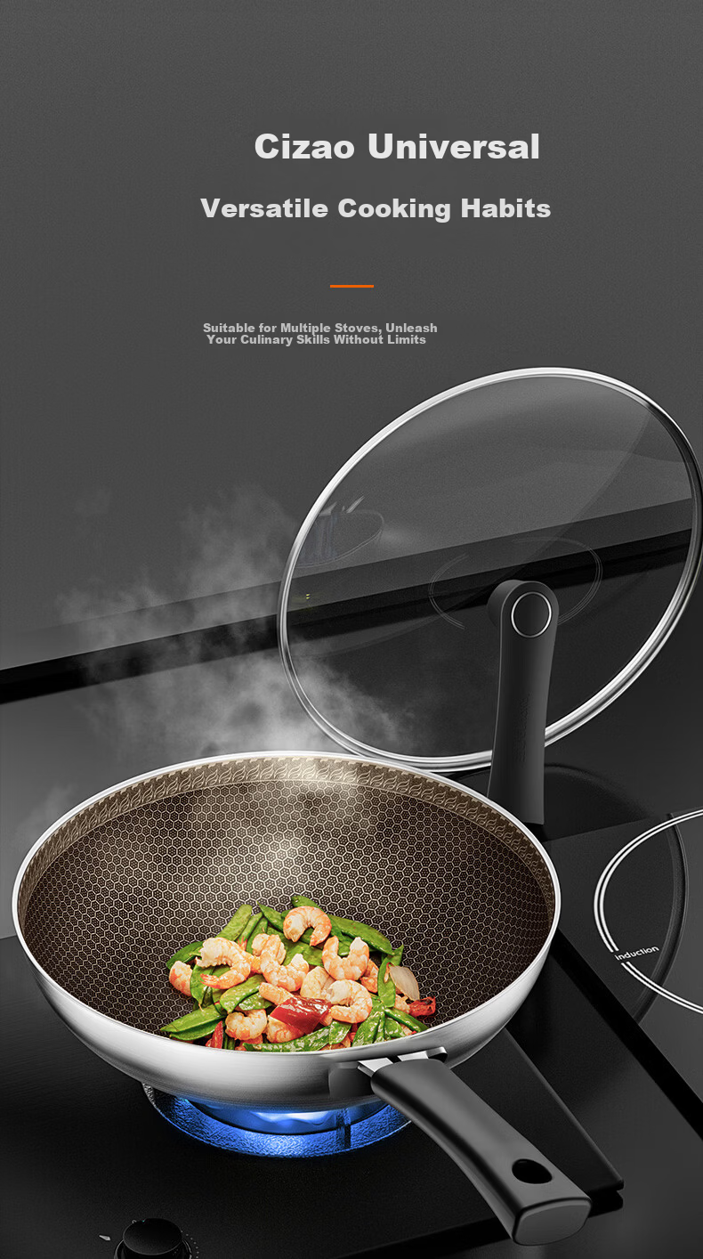 Joyoung 32cm Titanium Non-Stick Frying Pan Wok, Flat Bottom, Compatible with Induction and Gas Stoves, 304 Honeycomb Surface 7