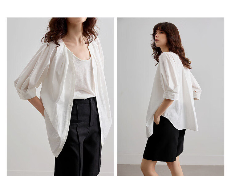 Demana Urban White Moonlight Summer Elegant Pleated V-Neck Cotton Nylon Stretch Loose Slim Shirt for Women Premium Feel 9