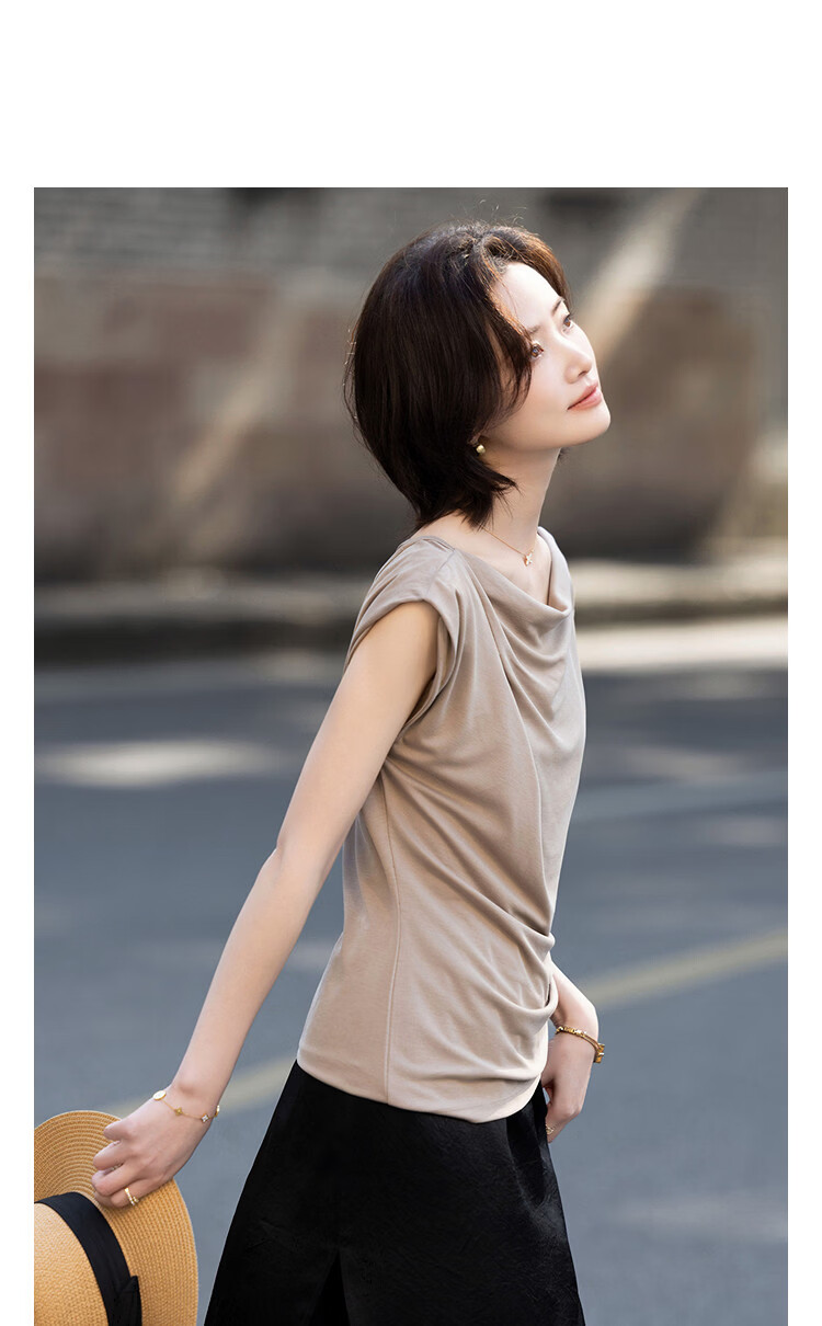 Demana Breathable Cupro Jersey Summer Elegant Draped Collar Raglan Deep V Back Tie Slimming T-Shirt for Women 6