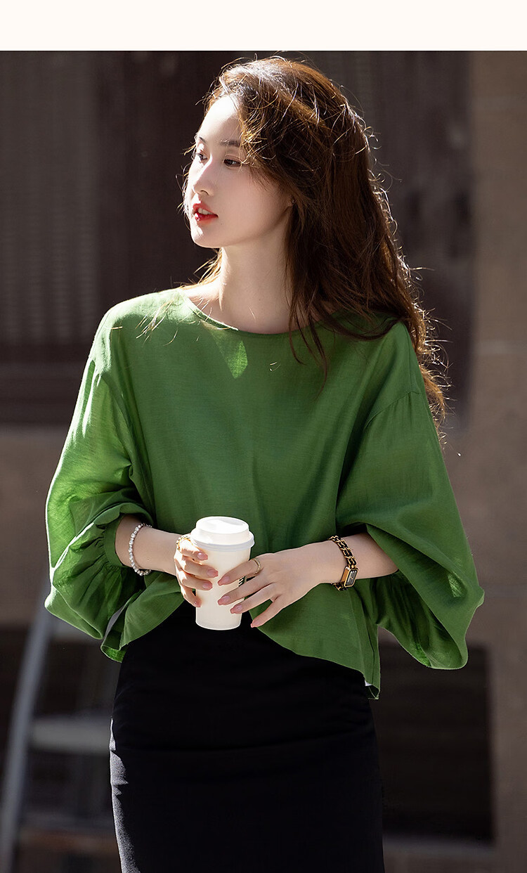 Demana [Shu Yang Pai] Spring and Autumn Acetate Linen Lyocell Blend Lantern Sleeve Straight Loose Shirt for Women 22