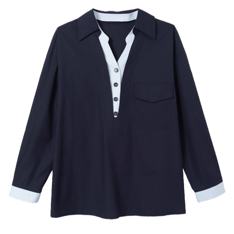 Demana Pure Cotton Slow Life Autumn Colorblock Faux Two-Piece Lapel Large Patch Pocket Loose Slim Shirt for Women Premium Feel