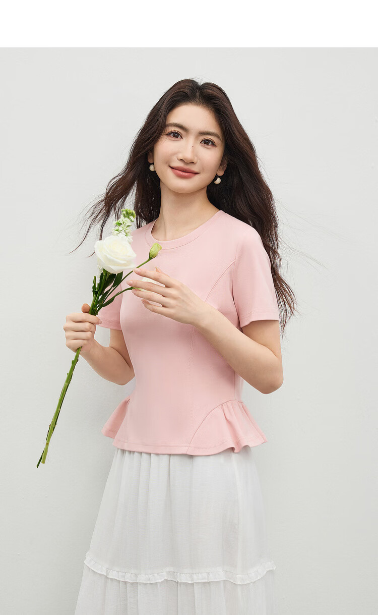 Shangdu Bila Gentle Pure Cotton Short Sleeve T-Shirt Women Spring Summer Simple Round Neck Split Design Slim Fit Top Youthful Temperament Layering 2