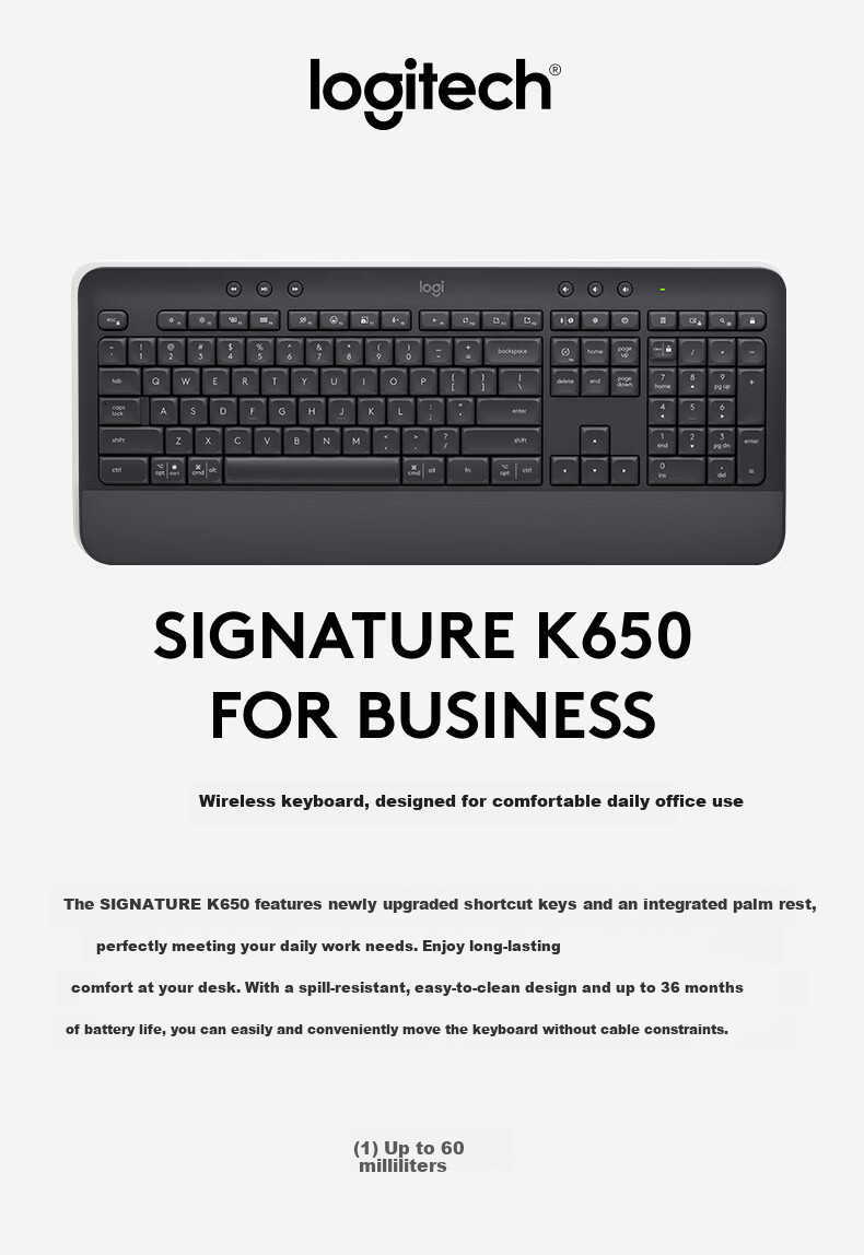 Logitech 2026 Wireless Keyboard K650 B2B Bluetooth Dual Mode Black No Switch Silent 104 Keys 1