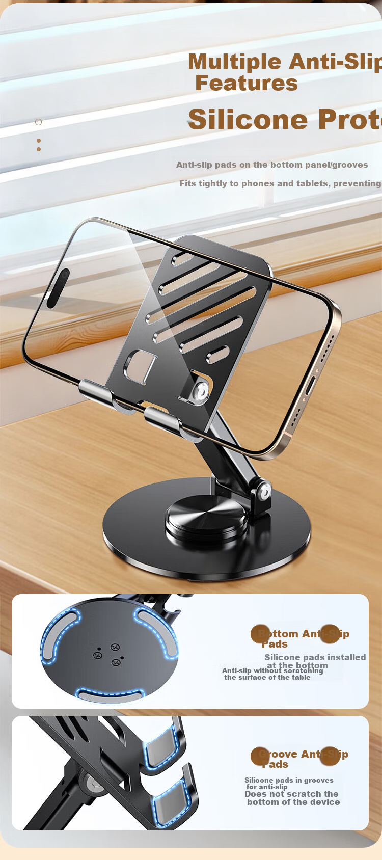 Kewo Adjustable Carbon Steel Mobile Phone Stand Desktop iPad Tablet Holder Bedside Lazy Stand Metal Live Streaming Multi-Functional Foldable Portable 360° Rotatable 16
