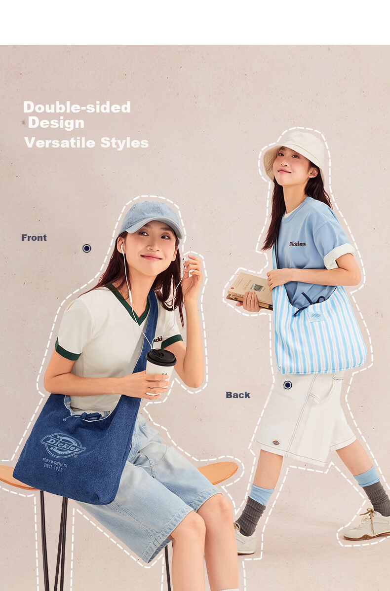 Dickies Reversible Single Shoulder Crossbody Tote Denim Picnic Bag Large Capacity Commuter Striped/Dark Blue 9