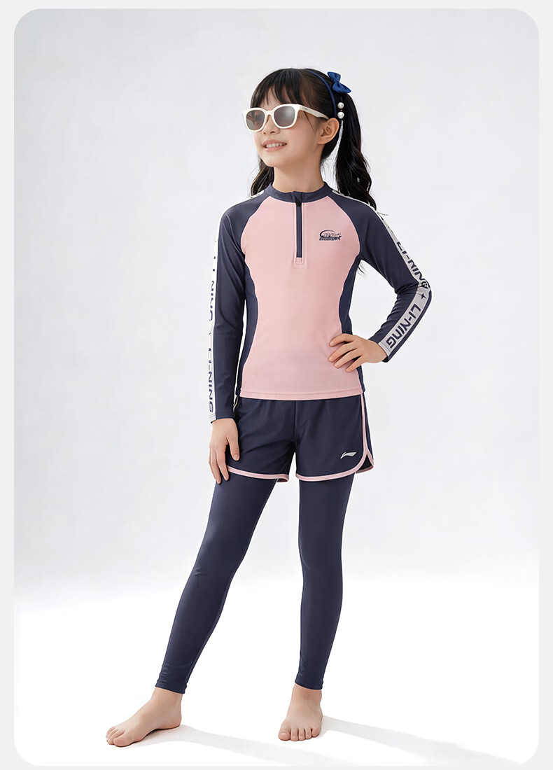 LI-NING Kids Girls Long Sleeve Long Pants Sunscreen Warm Split Professional Surfing Swimsuit Swimming Gear 1352 Blue 160 19