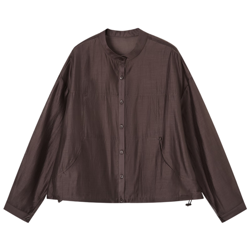Demana Smooth Tencel Summer Lightweight Crew Neck Shell Button Hem Drawstring Loose Short Women's Jacket