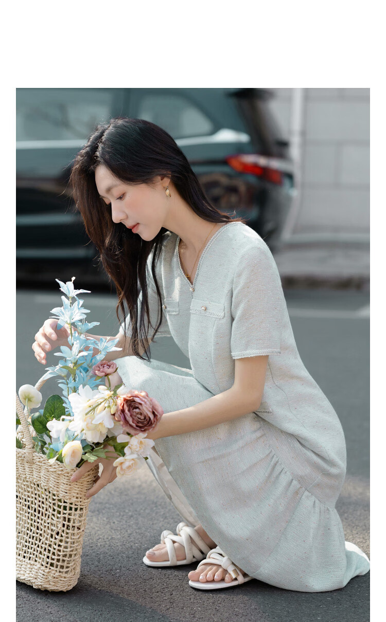 Demana Urban Socialite Summer Tweed V-Neck Fake Pocket Ribbon Slimming Concealing Dress for Women Premium 11