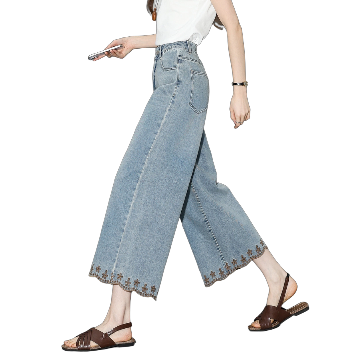 Demana Rose Embroidery Summer Cropped Cloud Cotton Washed Straight Wide-Leg Slimming Concealing High-End Women's Jeans