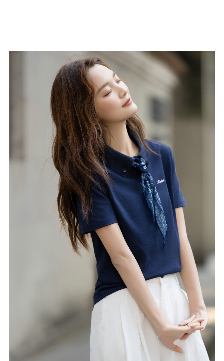 Demana [Refreshing Cloud Oxygen Cotton] Summer Pique Mesh Polo Collar Ribbon Embroidered Slim Fit T-Shirt for Women Premium Feel 14