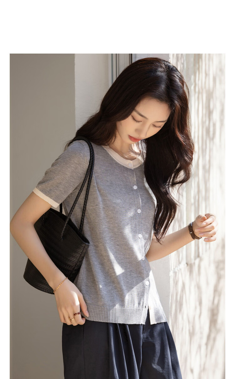 Demana [100 Lyocell] Summer Lightweight Office Round Neck Colorblock Slimming Concealing Knit Cardigan for Women Premium Feel 9