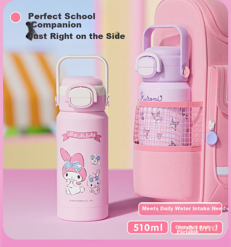 BEDDYBEAR Children's Double Drinking Insulated Bottle Portable Straw Water Cup Student School Carrying Water Bottle 510ml Duoduo Kuromi 9