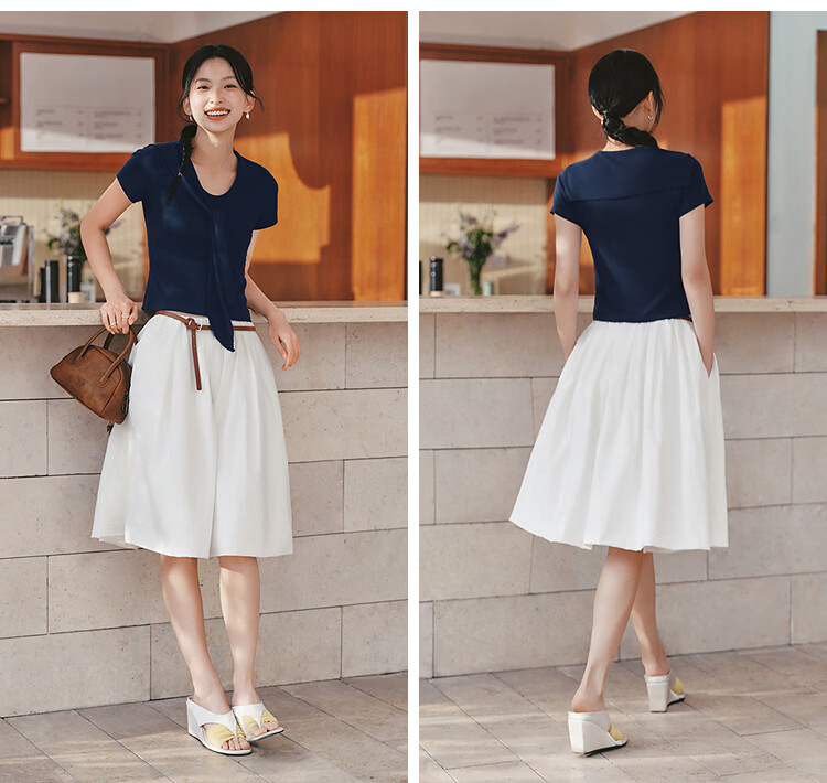Semir Women's Summer Short Sleeve T-Shirt 2026 Lace Shoulder Shawl Collar Fake Two-Piece Slim Top 109326100024 21