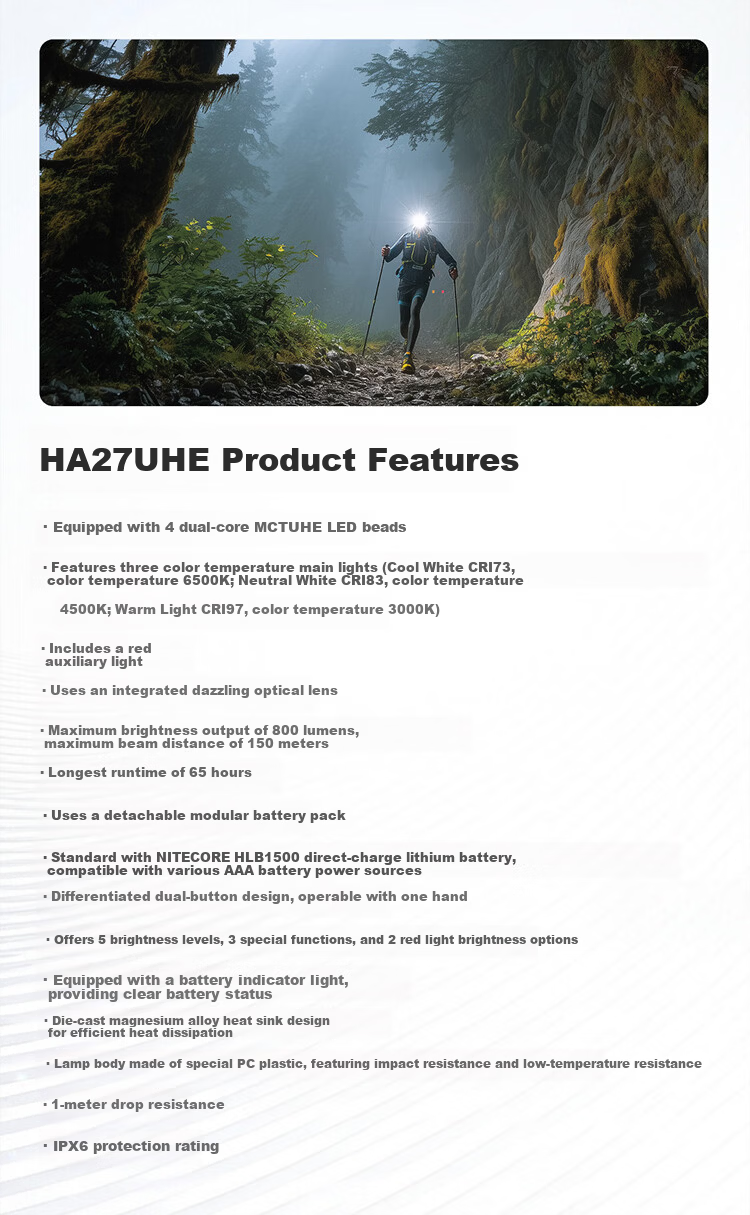 NITECORE HA27 UHE Outdoor Lightweight Headlamp Multi-Color Temperature Camping Night Lighting Detachable Battery 13