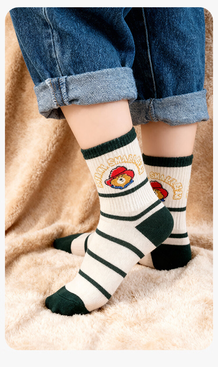 Jingshuran JD Own Brand Cotton Paddington Bear Pattern Green Mid-Calf Parent-Child Socks 5 Pairs Pack 16