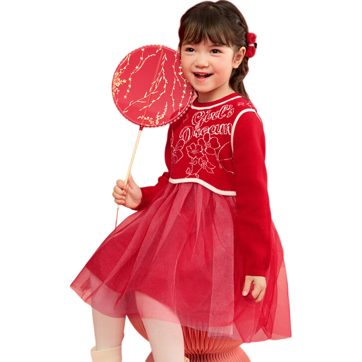 BALABALA Girls' Dress, Children's Spring Outfit, Red New Chinese-Style Mesh Fake Two-Piece New Year's Costume, 208125111007