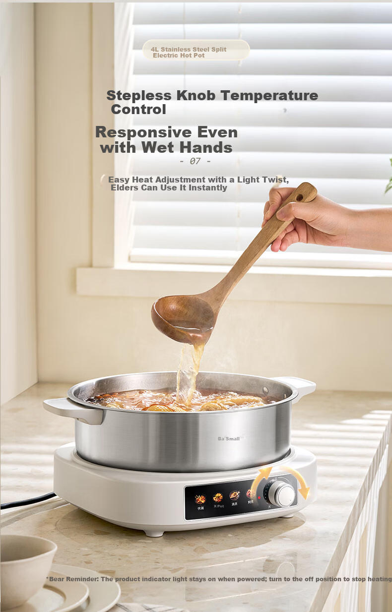 Bear 0-Coating Electric Hot Pot, Non-Stick Detachable Multi-Functional Stainless Steel Electric Cooker, 4L, Suitable for 4-6 People, Model 40S1 12