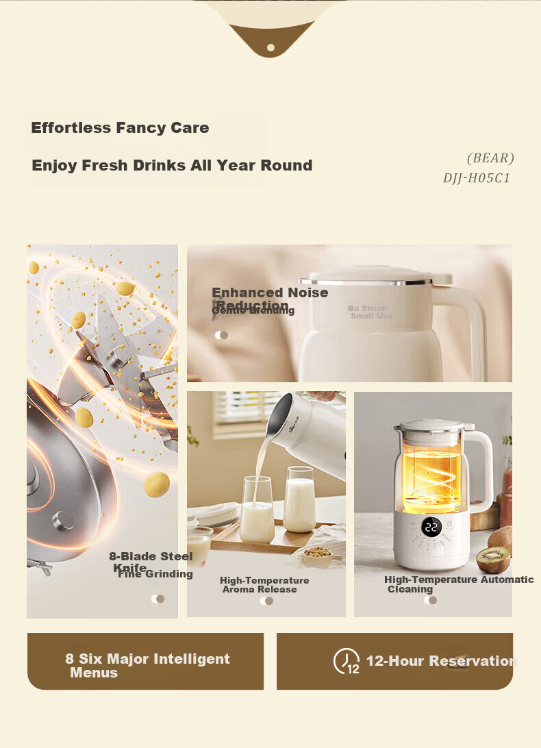 Bear Soy Milk Maker Blender Fully Automatic Small 1-2 Person Food Processor Dry Beans No Soaking Direct Grinding No Filtering Auto Keep Warm Fast Soy Milk 0.6L DJJ-H05C1 6