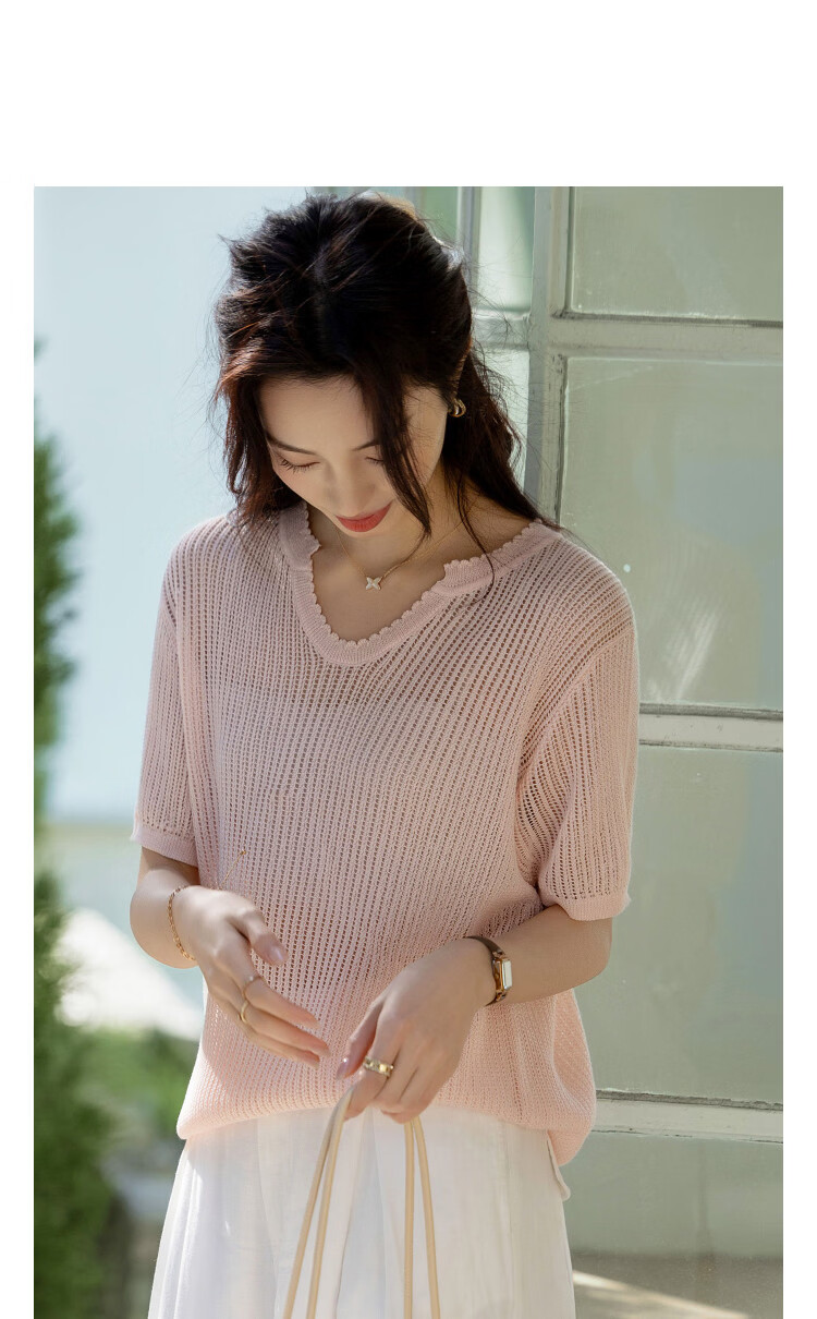 Demana [Breathable Tencel] Summer Elegant V-Neck Hollow Jacquard Slim Fit Short Sleeve Knit Top for Women Premium 11