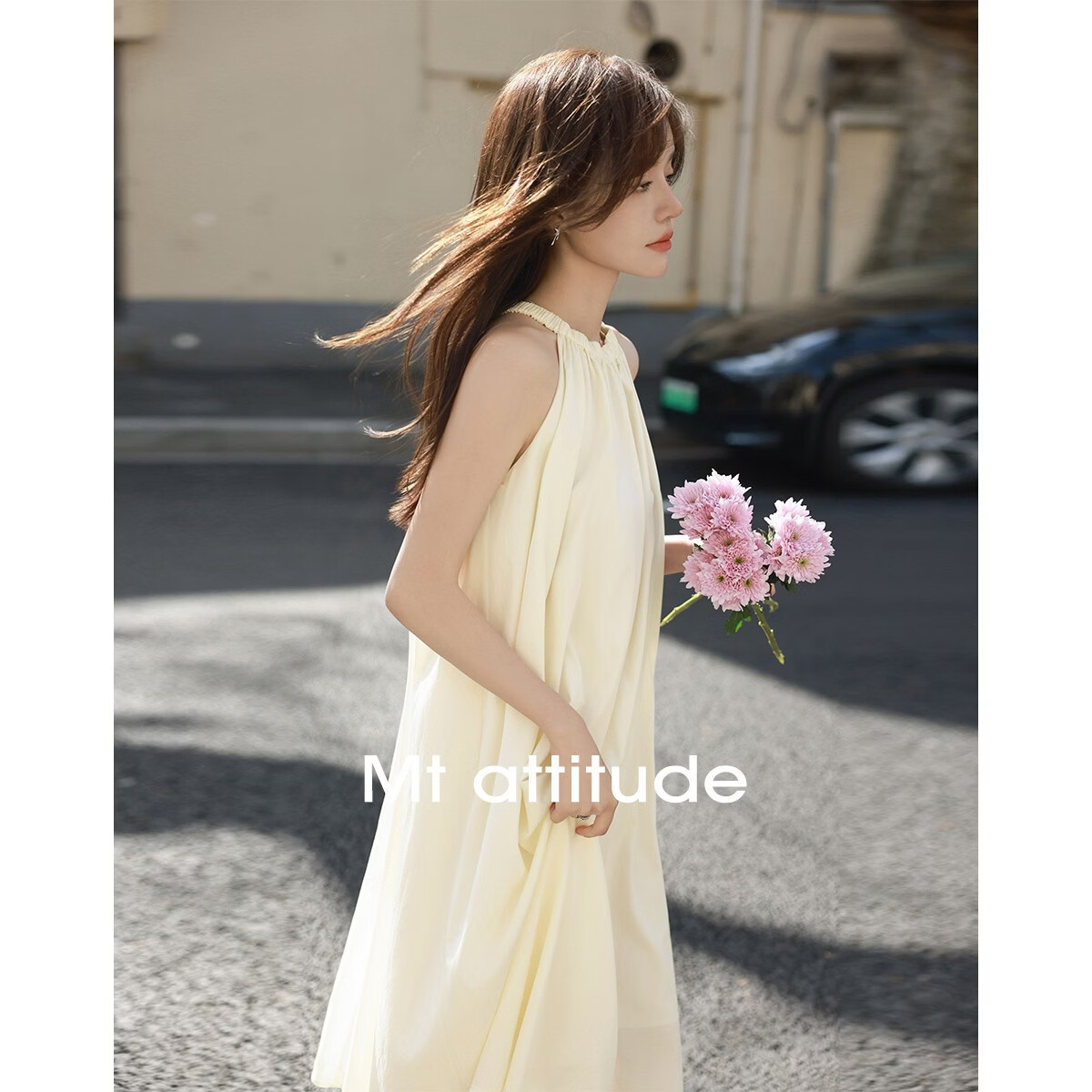 MT Summer Vacation Style Sleeveless Halter Neck Solid Color Minimalist French Casual Dress