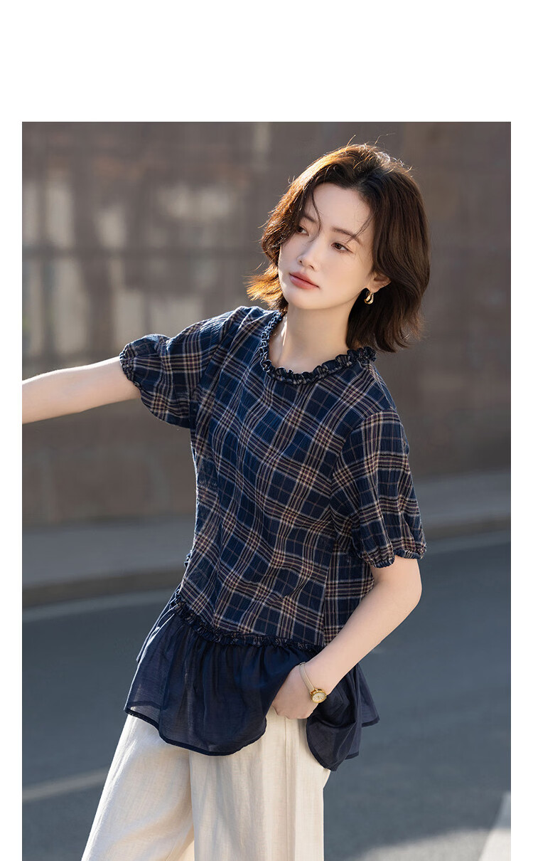 Demana Fresh Cloud Cotton Summer Ruffle Edge Plaid Patchwork Tie Short Sleeve Loose Slim Shirt for Women Premium Feel 11