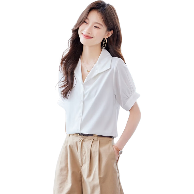 Jeanswest Women's Summer Short Sleeve Shirt Lapel Design Commuter Professional Cardigan White S