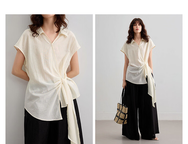 Demana [With Natural Linen] Summer Minimalist Side Knot Shirt Elegant Commuter High-End Blouse for Women 7