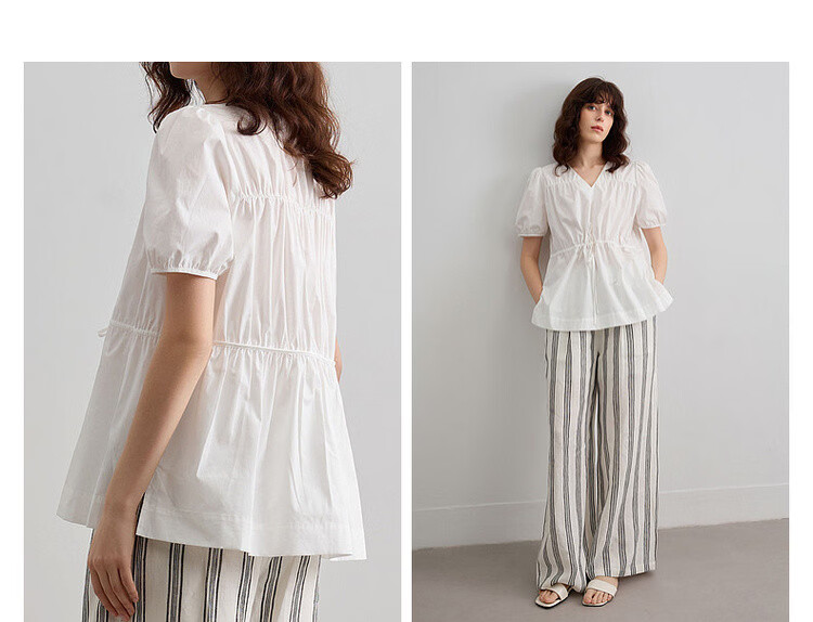 Demana Pure Cotton Light Life Summer Minimalist V-Neck Drawstring Shirt Loose Comfortable Short Sleeve Blouse Women's Top 9