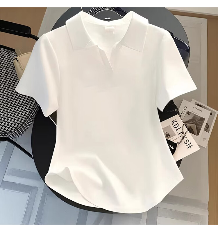 Woodpecker Pure Cotton Polo Collar Short Sleeve T-Shirt Women Summer Regular Shoulder Turn-down Collar Slim Fit Short Base Half Sleeve Top White M 4