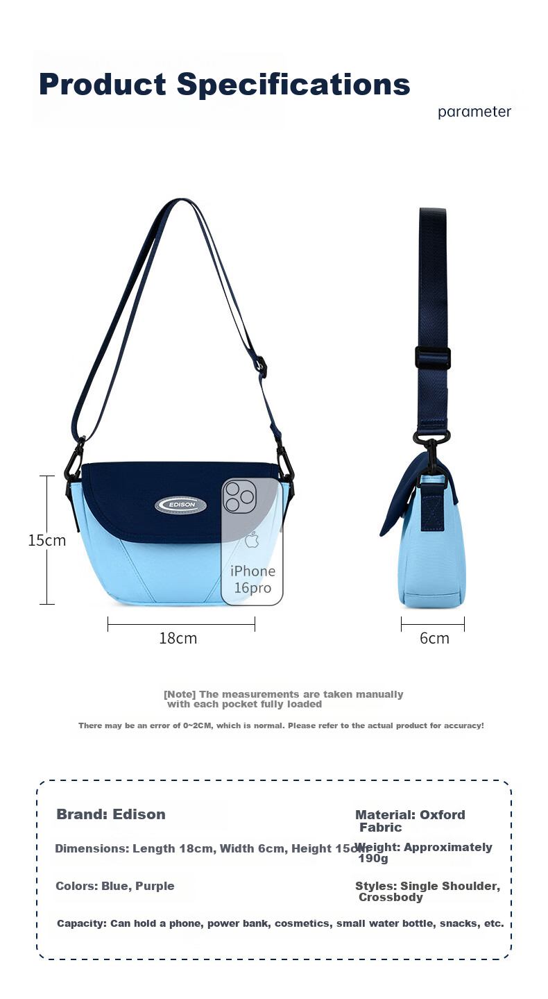 Edison Elementary School Student Single Shoulder Bag Fashion Trendy Outdoor Lightweight Travel Study Children Crossbody Bag W19-1 Blue 3