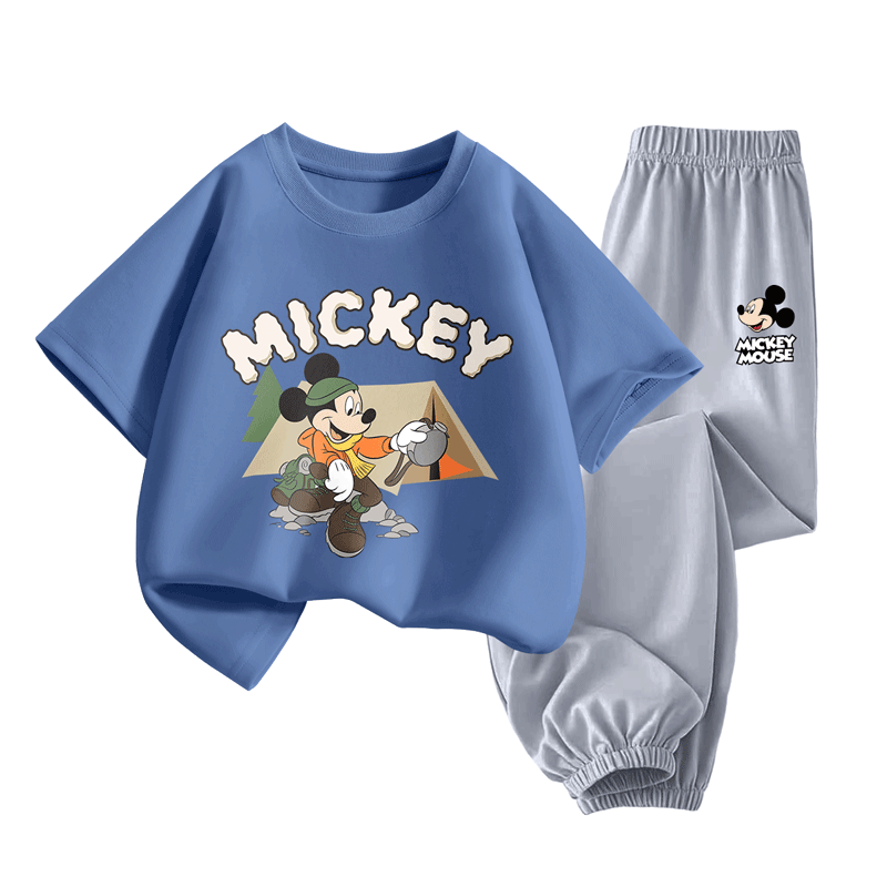 Disney Kids Set Boys and Girls Cotton Short Sleeve Ice Silk Mosquito-Proof Pants Camping Indigo T-Shirt + Classic Mickey Gray Pants Size 140