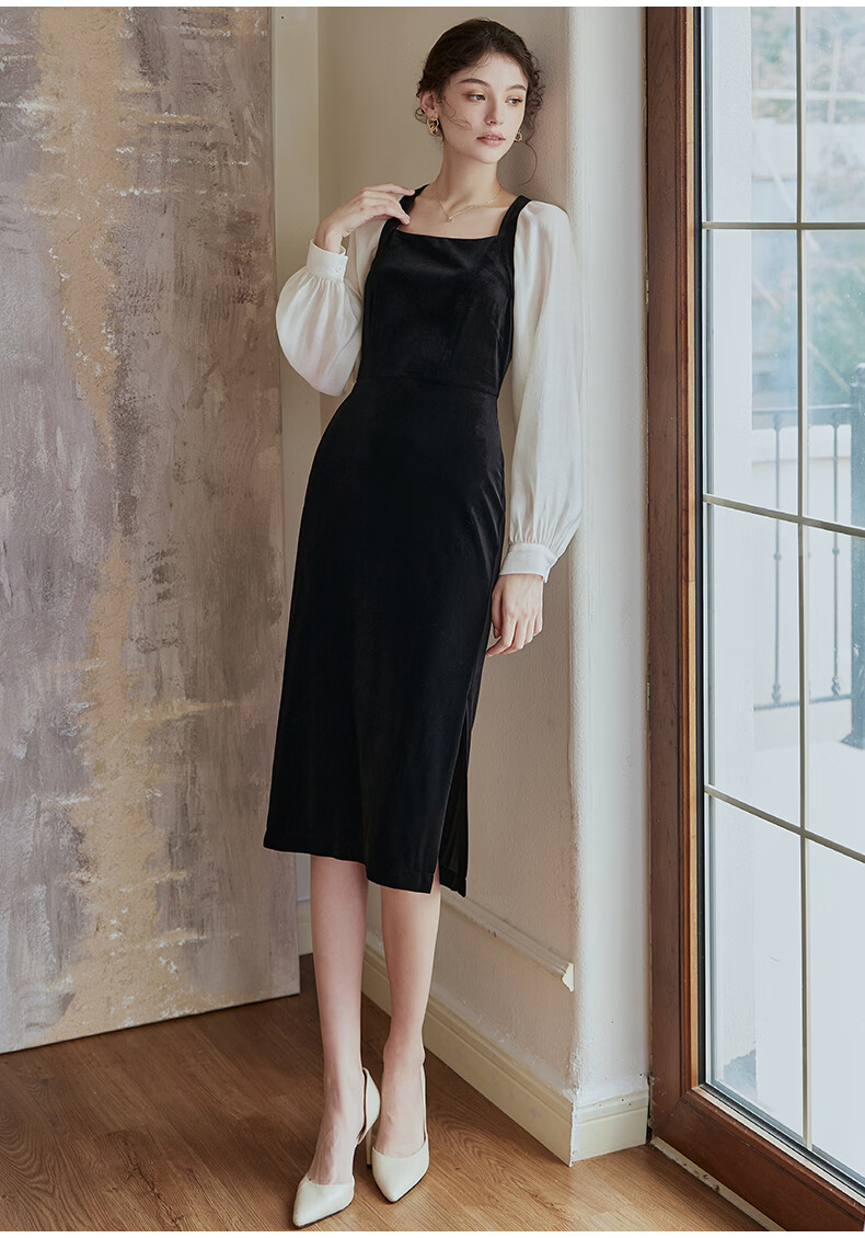 ROEYSHOUSE French Style Women's Spring Vintage Patchwork Velvet Slim Dress 07942 Colorblock M 8