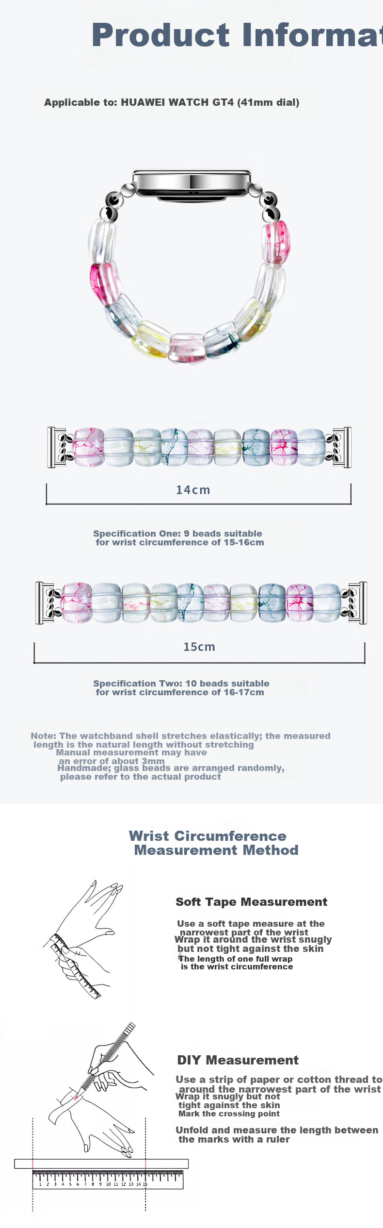 Freeson Artistic Glass Bead Chain Strap for Huawei WATCH GT4/GT5/GT5Pro Creative Dopamine Fashion Ice Crystal Women's 18mm 9-Bead Bracelet 9