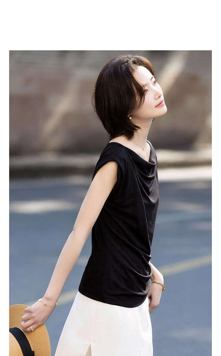 Demana Breathable Cupro Jersey Summer Elegant Draped Collar Raglan Deep V Back Tie Slimming T-Shirt for Women 7