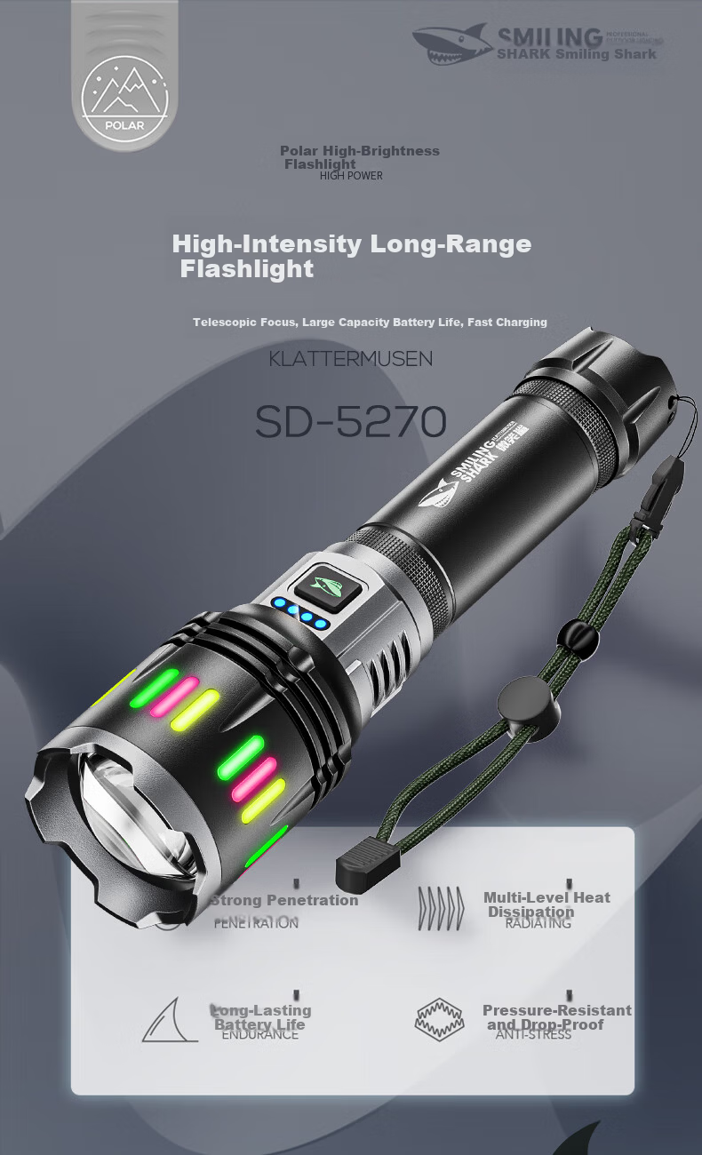 Smile Shark 5270 New High-Power Flashlight Ultra-Bright Outdoor Laser Long-Range Zoom Rechargeable with Large Capacity and Ultra-Long Battery Life 1