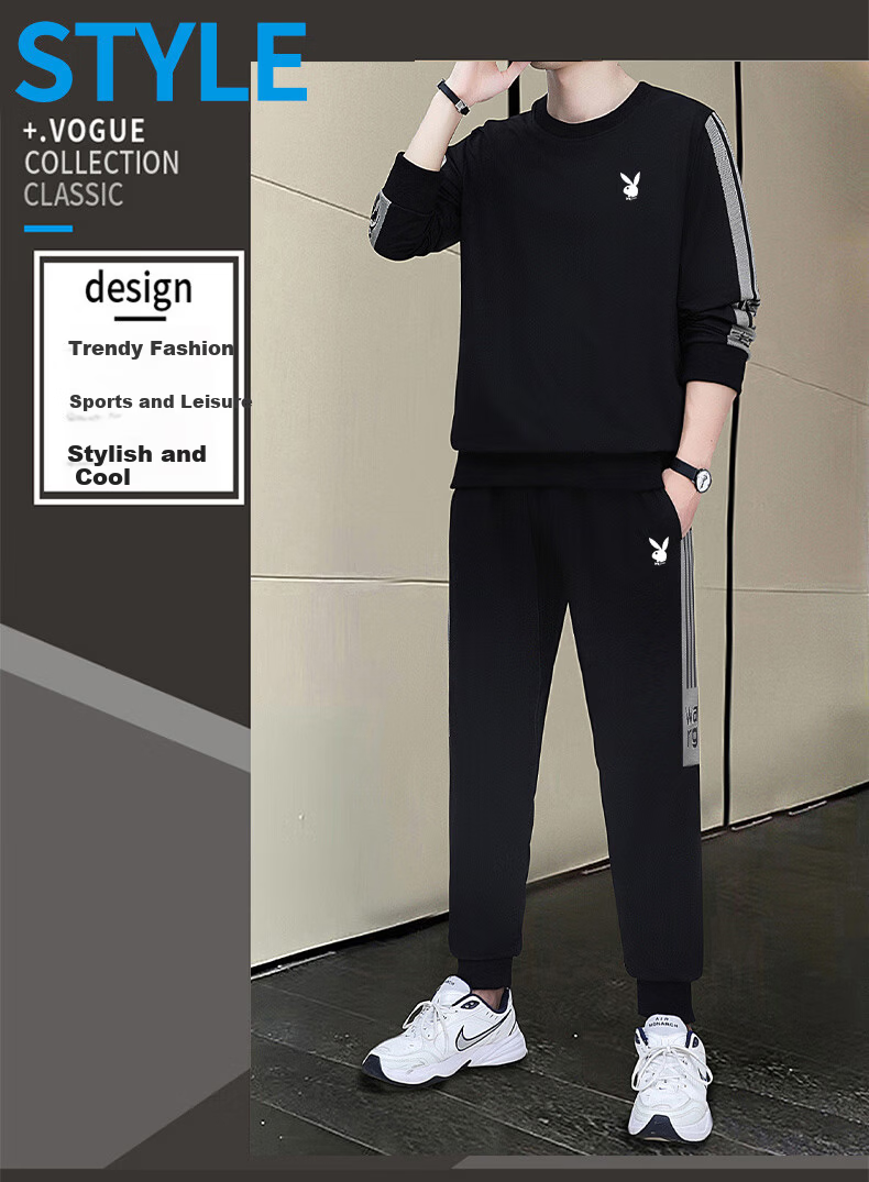 Playboy Men's Long Sleeve T-Shirt and Pants Set Spring Autumn Casual Sports Two-Piece Black L 1