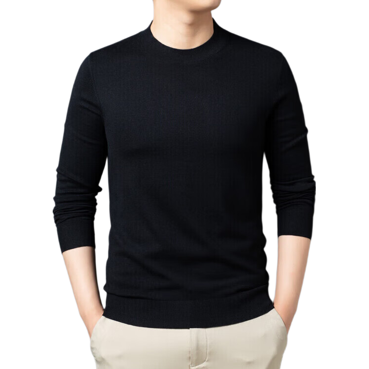 Hengyuanxiang Men's Lightweight Sweater with Wool and Mulberry Silk, Spring and Autumn Thin Knit Turtleneck Base Shirt, Black, Size L