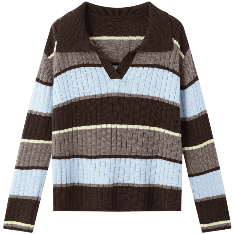 Demana Fluffy Wool Autumn Literary College Lapel Colorblock Striped Loose Slim Knit Sweater for Women Premium Feel