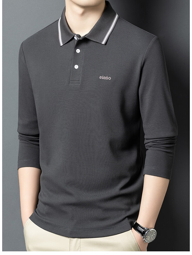 Edenbo Long Sleeve Polo Shirt Men Pure Cotton Simple Top Navy Blue 175/92A (XL) 18