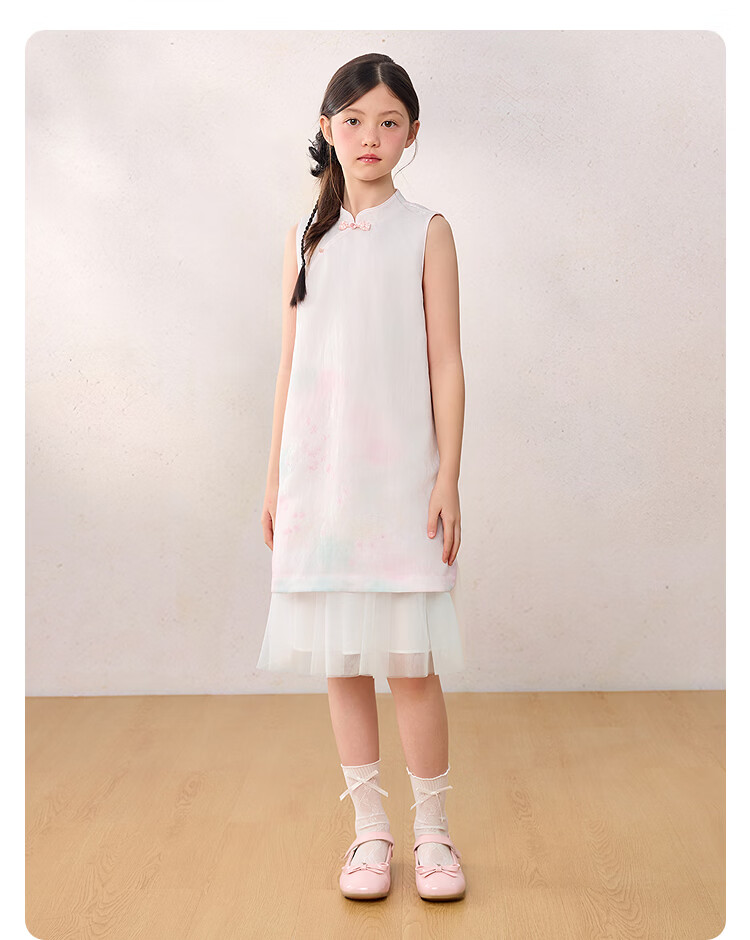 Balabala Girls Dress Children's Dress 2026 Summer New Baby New Chinese Style Qipao Dress Spliced Mesh Sweet 17