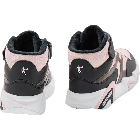 QIAODAN Girls' Fleece-Lined Cotton Shoes Children's Winter Casual Mid-Top Hook-and-Loop Shoes Black/Ice Pink Size 37