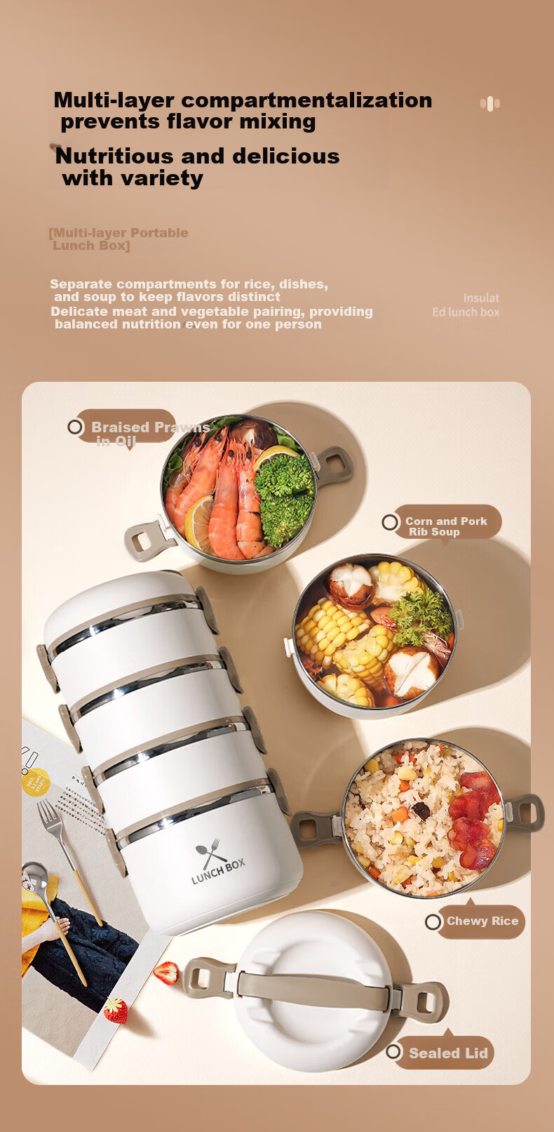 LINGCHEN Insulated Lunch Box Microwaveable Thermal Container Three-Layer Large Capacity 2-4 Hours Extended Multi-Layer Food Storage Box 3