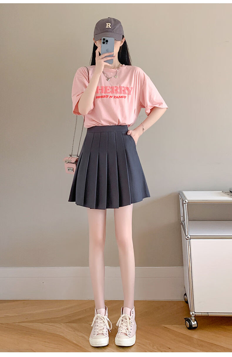 Langsha Pleated Half Skirt for Women Spring Summer Elastic Waist High Waist Slimming JK School Style A-Line Short Skirt with Pockets 20