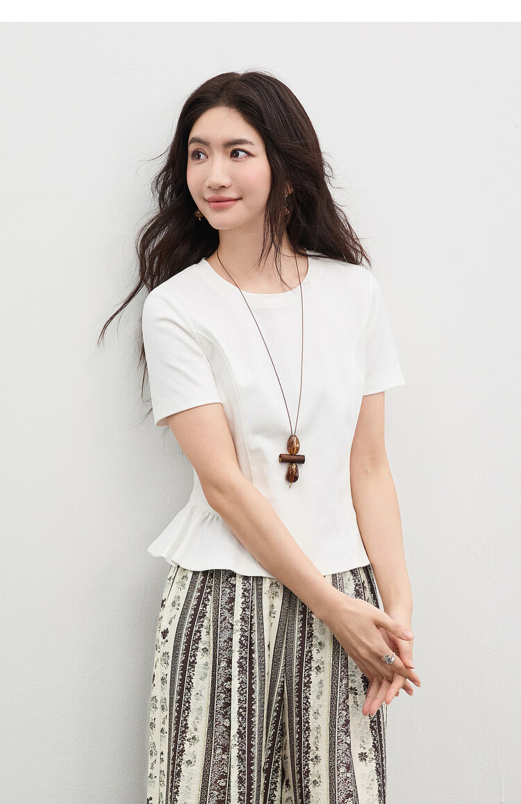 Shangdu Bila Gentle Pure Cotton Short Sleeve T-Shirt Women Spring Summer Simple Round Neck Split Design Slim Fit Top Youthful Temperament Layering 13