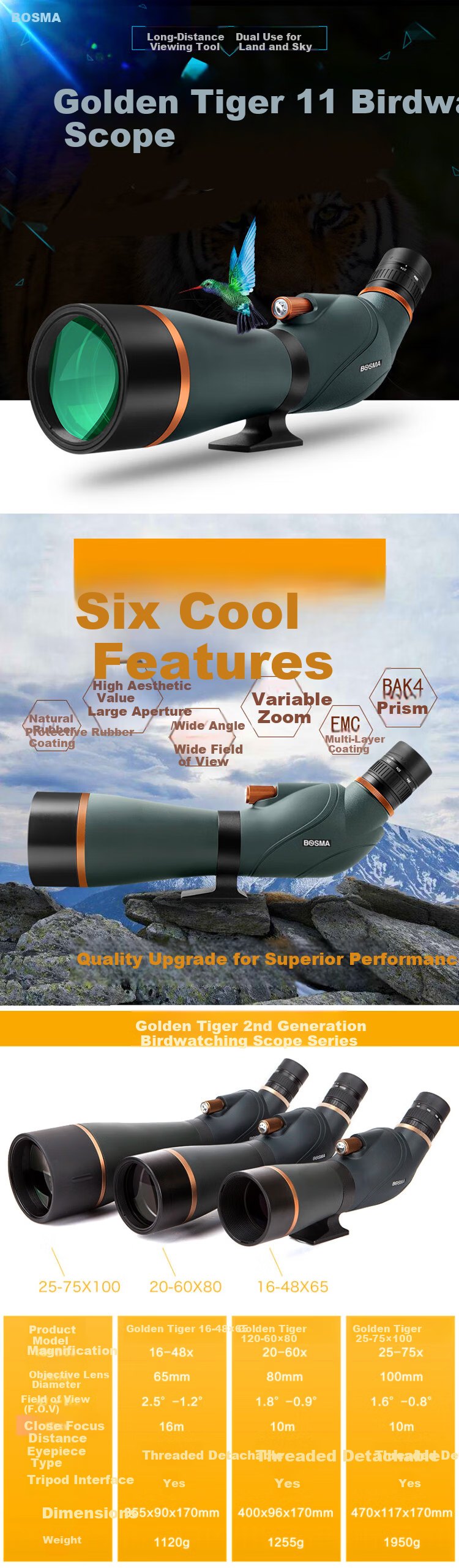 BOSMA Golden Tiger 2nd Generation 20-60X80ED Monocular Telescope High-Power HD Dual-Use 60X Low-Light Night Vision Birdwatching 2