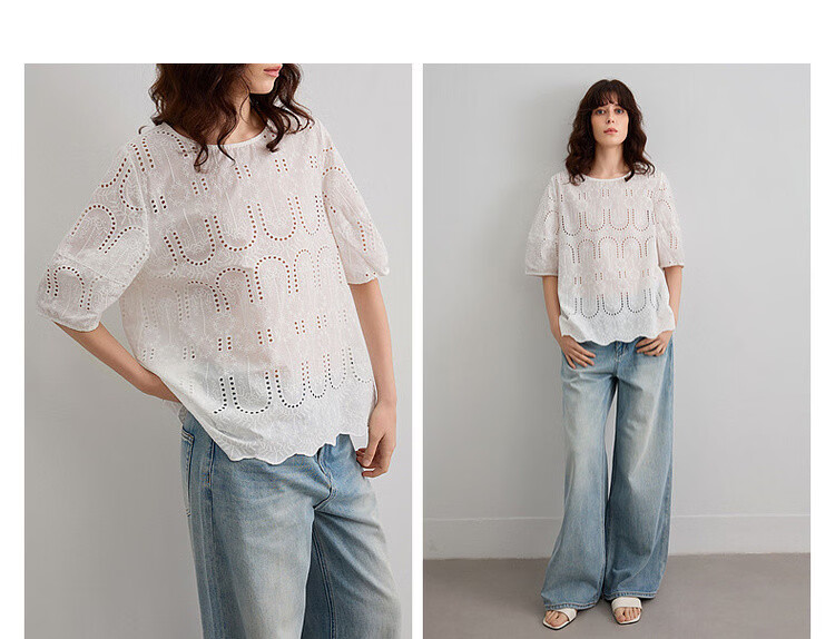 Demana Pure Cotton Light Life Summer Artistic Lace Embroidered Round Neck Shirt with Hem Lace Short Sleeve Blouse for Women 7